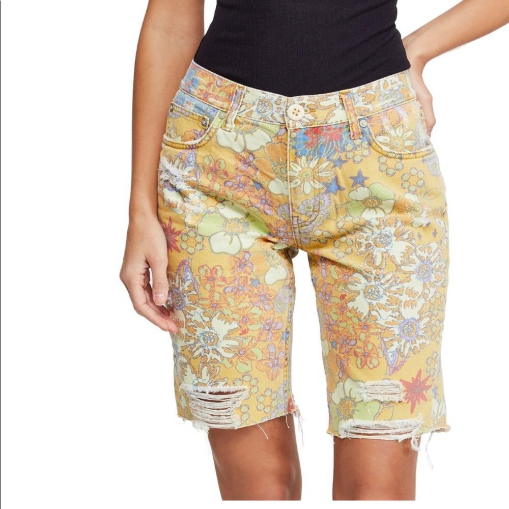 Free People Alani Print Floral Banana Combo Cutoff Distressed Jean Shorts